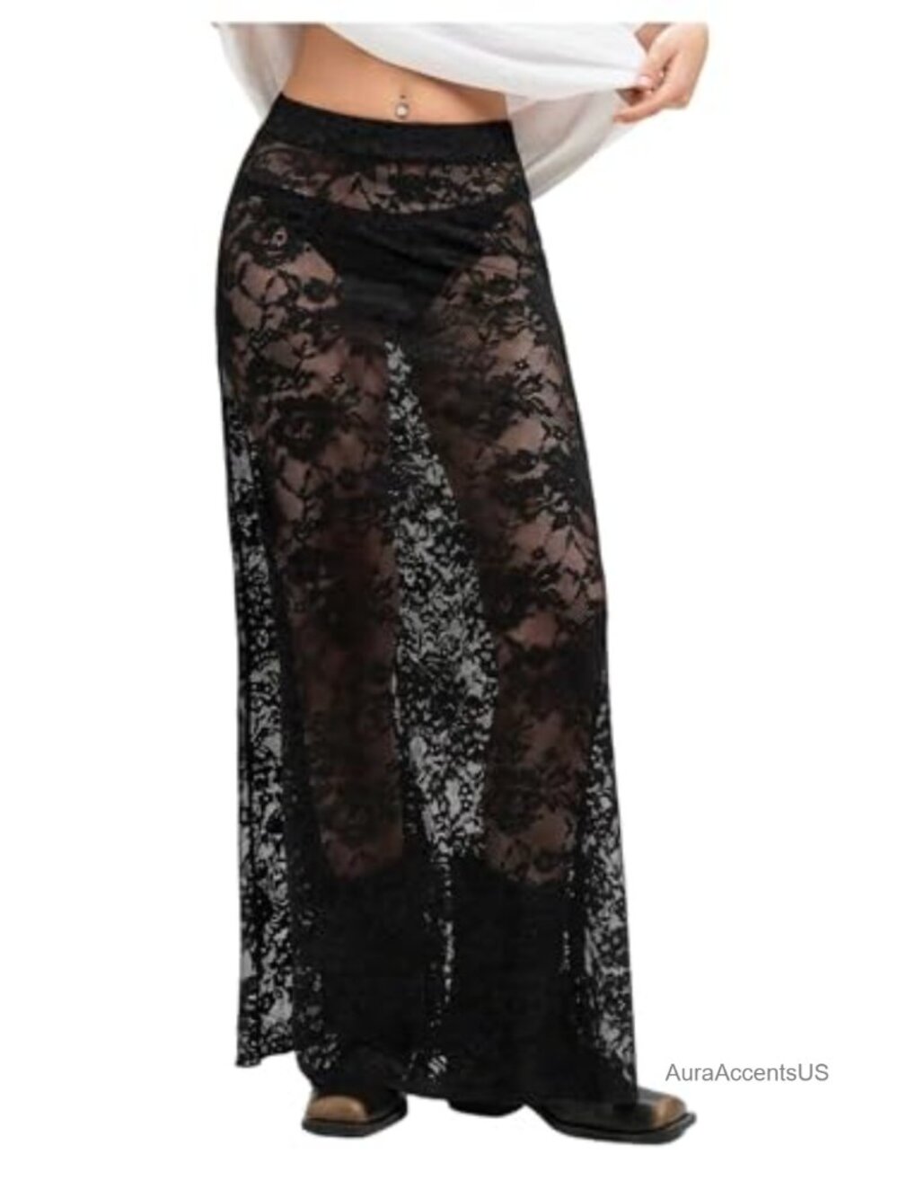 Sheer Mesh Lace High Waisted A Line Flowy Maxi Skirt